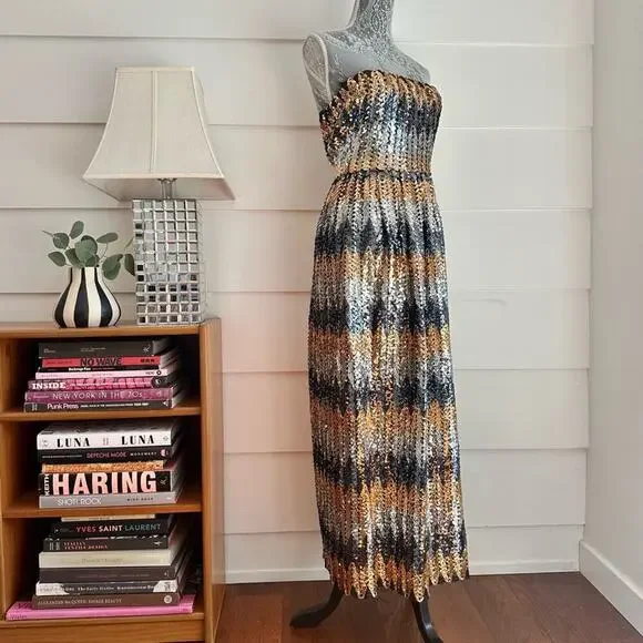 Vintage Sequin Strapless Maxi Dress with Shawl by Zeepha Couture Party Dress - Picture 4 of 9